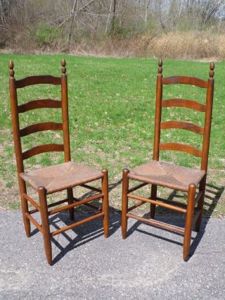 Antique Set 4 Wood Ladder Back Rush Seat England Farm Table Dining Chairs 10