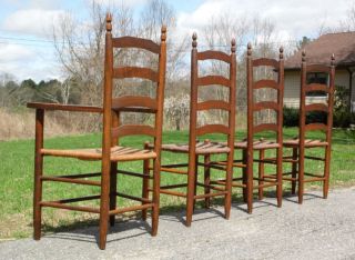 Antique Set 4 Wood Ladder Back Rush Seat England Farm Table Dining Chairs 11