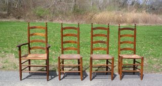 Antique Set 4 Wood Ladder Back Rush Seat England Farm Table Dining Chairs