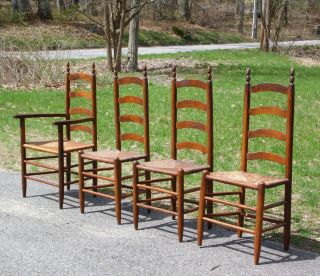 Antique Set 4 Wood Ladder Back Rush Seat England Farm Table Dining Chairs 2