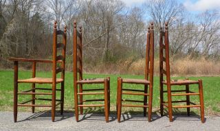 Antique Set 4 Wood Ladder Back Rush Seat England Farm Table Dining Chairs 3