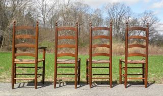 Antique Set 4 Wood Ladder Back Rush Seat England Farm Table Dining Chairs 4