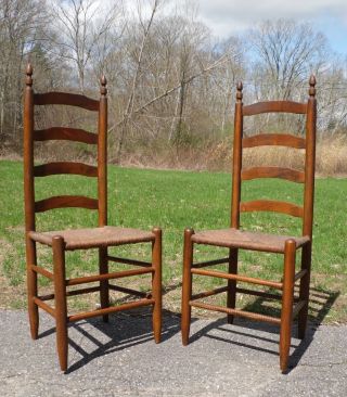 Antique Set 4 Wood Ladder Back Rush Seat England Farm Table Dining Chairs 5