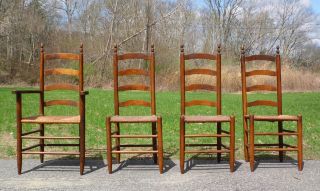 Antique Set 4 Wood Ladder Back Rush Seat England Farm Table Dining Chairs 8