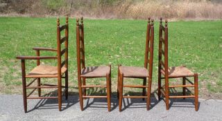 Antique Set 4 Wood Ladder Back Rush Seat England Farm Table Dining Chairs 9