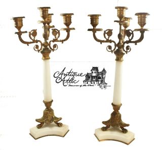 Antique Neoclassical Candelabras White Marble Gilt Bronze Candle Set 12