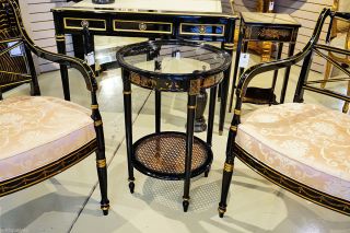 Gorgeous Black Lacquer Chinese Chinoiserie Glass & Cane Occasional Lamp Table