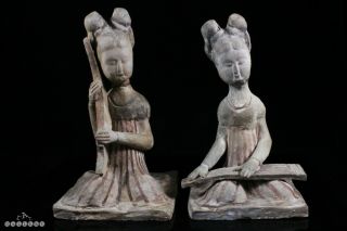 Tang Dynasty 618 - 906 Ad Chinese Painted Pottery Seated Female Musicians