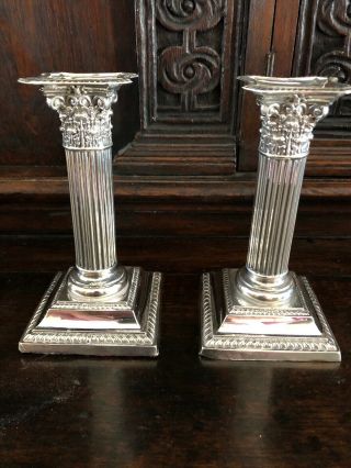 Pair George V Hallmarked Silver Corinthian Column Candlesticks Birmingham 1911