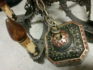 Antique Spanish Revival Gothic brass polychrome 5 socket ceiling fixture 3