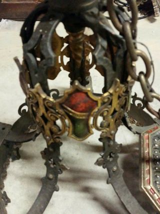 Antique Spanish Revival Gothic brass polychrome 5 socket ceiling fixture 8