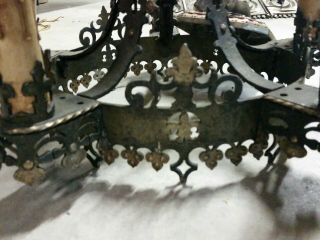 Antique Spanish Revival Gothic brass polychrome 5 socket ceiling fixture 9