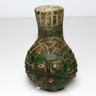 Intact - Roman Dark Green Glass Bottle In Human Face Shaped Circa 100 Ad