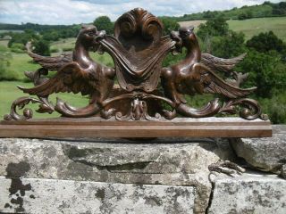 19thc GOTHIC MAHOGANY CARVED PEDIMENT WITH WINGED GARGOYLES C.  1860 ' s 12