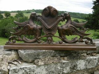 19thc GOTHIC MAHOGANY CARVED PEDIMENT WITH WINGED GARGOYLES C.  1860 ' s 4