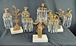 Qty3 Brass On Marble Base Girandoles Crystal Prism Candle Holders Victorian