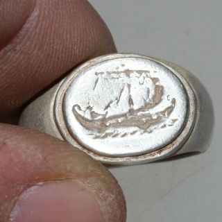 Wearable Roman Silver Seal Ring With Military Ship Depiction Ca 100 - 200 Ad