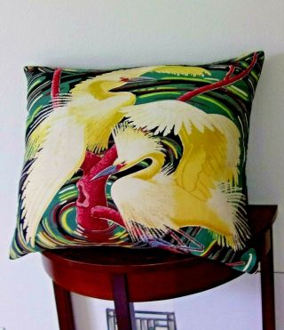 Vintage Mid Century Barkcloth Heron Egret Rare Huge Pillow Art Deco Era