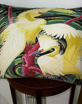 Vintage mid century barkcloth heron egret rare huge pillow art deco era 2