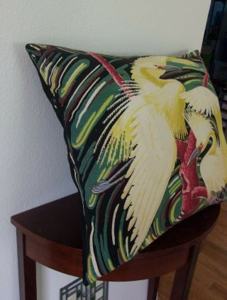 Vintage mid century barkcloth heron egret rare huge pillow art deco era 7