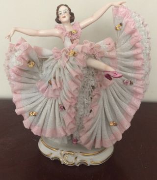 Large Antique Ackermann Fritze Dresden Lace Dancer Figurine