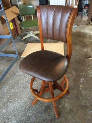 Vintage W.  H.  Gunlocke Workbench Industrial Stool Chair Wood Brown Leather