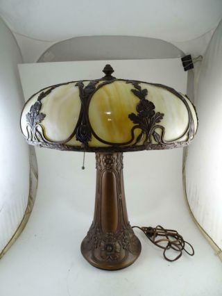 Antique Arts & Crafts Slag Glass Table Lamp Bronze Spelter Flower Art Nouveau