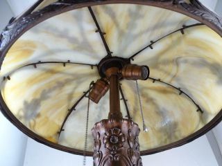 Antique Arts & Crafts Slag Glass Table Lamp Bronze Spelter Flower Art Nouveau 4