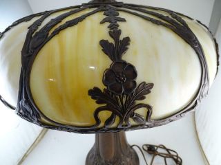 Antique Arts & Crafts Slag Glass Table Lamp Bronze Spelter Flower Art Nouveau 5