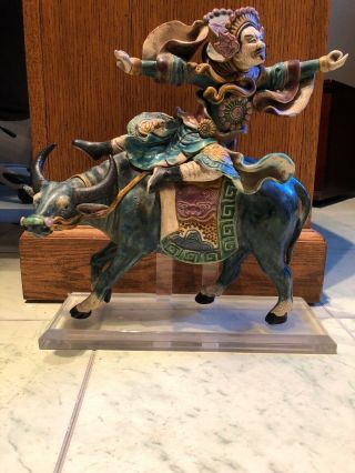 Chinese Roof Tile On Stand - Warrior Riding An Ox Bull Antique Rare Estate Find
