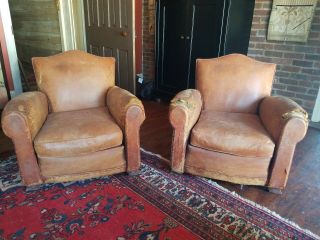 Pair Antique Leather French Club Chairs Imported From France