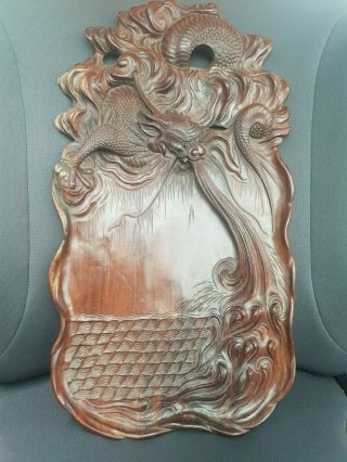 Antique Asian Chinese Vietnam Carved Wood Tray With Dragon