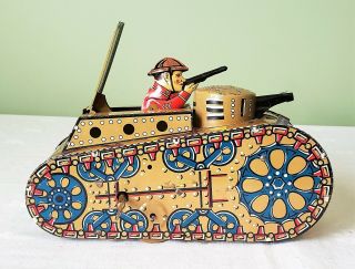 Marx Toys Tin Litho Wind - Up Ww - I Tank W/pop - Up Dough Boy Soldier Action Toy 30 