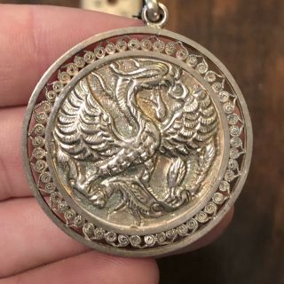 Antique Chinese Silver Pendant Dragon - Bird Figure Authentic Asian Jewelry Old 10