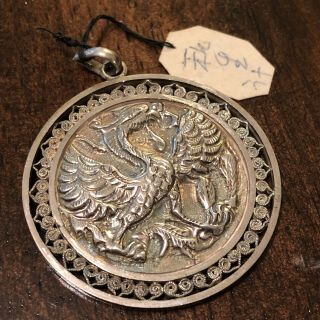 Antique Chinese Silver Pendant Dragon - Bird Figure Authentic Asian Jewelry Old