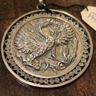 Antique Chinese Silver Pendant Dragon - Bird Figure Authentic Asian Jewelry Old 3
