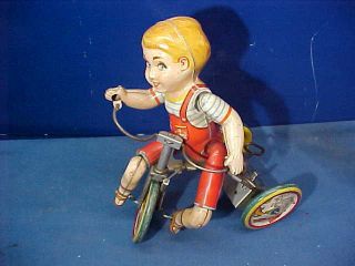 1930s Unique Art Toy Co Tin Litho Wind Up Kiddy Cyclist Toy
