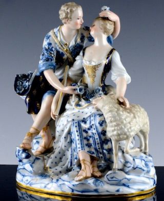 Larger Antique Meissen German Porcelain Figure Couple Lovers W Lamb
