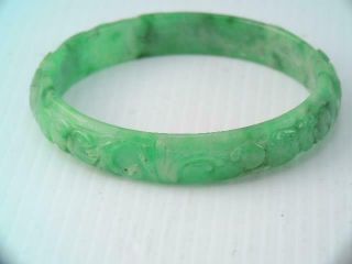 Vintage Chinese Carved Green Jade Bangle Bracelet