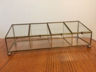 Vtg Brass & Clear Glass Display Case Box W/ Sections For Jewelry & Trinkets