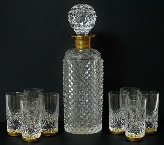Antique French Baccarat Gilt Bronze Cut Decanter & 8 Crystal Cordials
