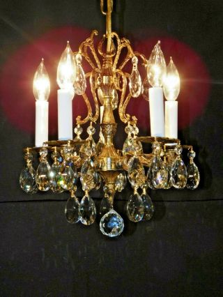 Antique French 5 Arm 5 Lite PETITE Brass Bronze Cut Lead Crystal Chandelier 2