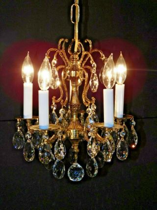 Antique French 5 Arm 5 Lite PETITE Brass Bronze Cut Lead Crystal Chandelier 5