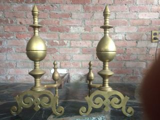 Antique Impressive Large Scroll Footed Brass Andirons Fireplace/hearth Accessory