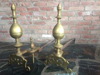 Antique IMPRESSIVE LARGE SCROLL FOOTED BRASS ANDIRONS Fireplace/Hearth Accessory 2