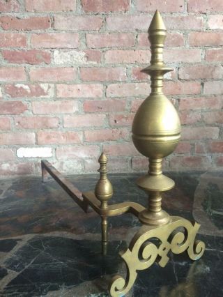 Antique IMPRESSIVE LARGE SCROLL FOOTED BRASS ANDIRONS Fireplace/Hearth Accessory 3