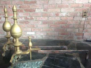 Antique IMPRESSIVE LARGE SCROLL FOOTED BRASS ANDIRONS Fireplace/Hearth Accessory 4