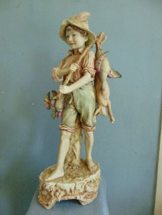 Large Antique Royal Dux Bohemia Figurine - The Hunter - Boy W Rabbit & Birds