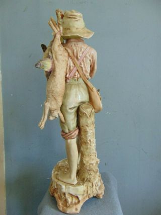 LARGE ANTIQUE ROYAL DUX BOHEMIA FIGURINE - THE HUNTER - BOY w RABBIT & BIRDS 7