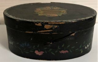 Antique 19thc Oval Shaker Harvard Band Pantry Box W/ Lid Painted Decoration Nr